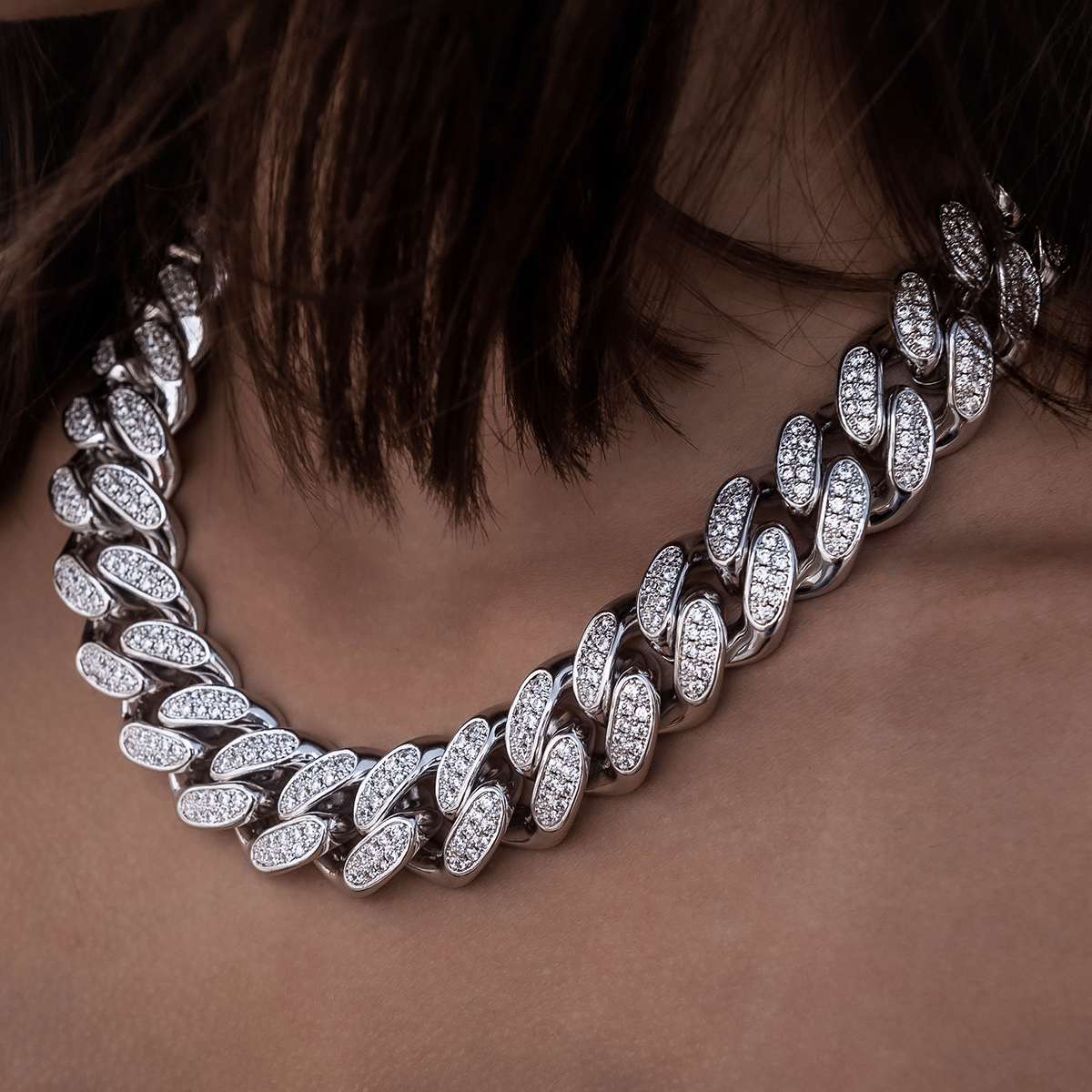 GLD Women Diamond Cuban Link Necklace in White Gold - 19 mm