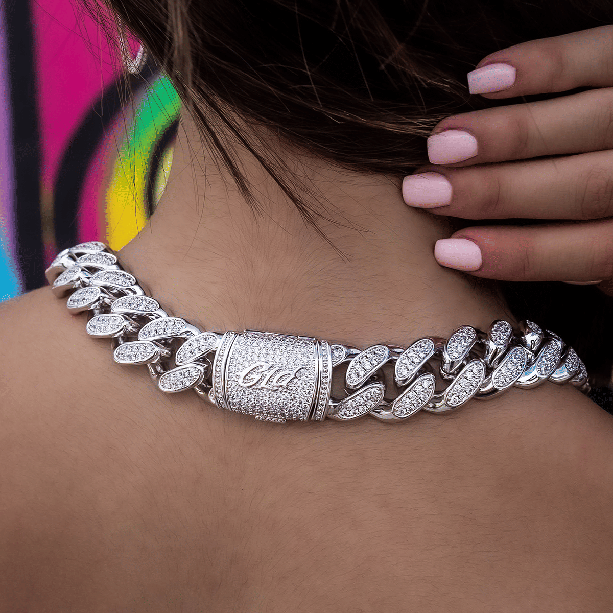 GLD Women Diamond Cuban Link Necklace in White Gold - 19 mm