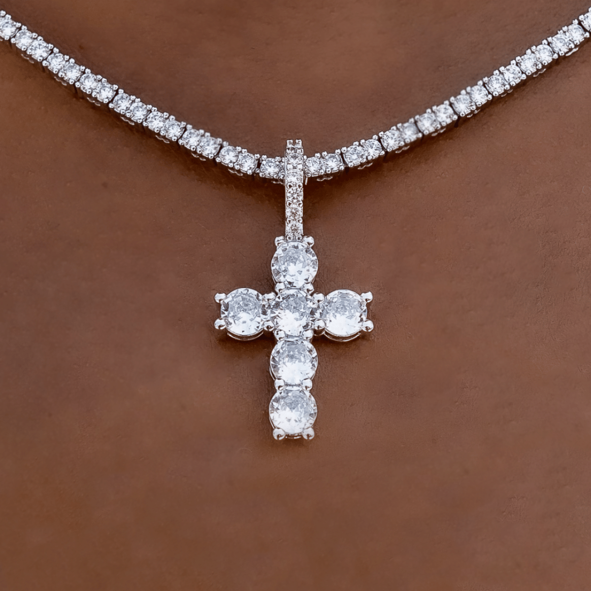 GLD Women Iced Micro Round Cross Pendant in White Gold