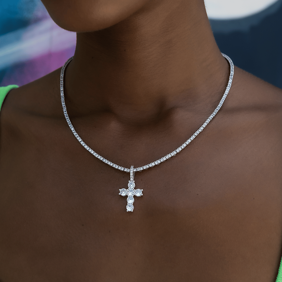 GLD Women Iced Micro Round Cross Pendant in White Gold
