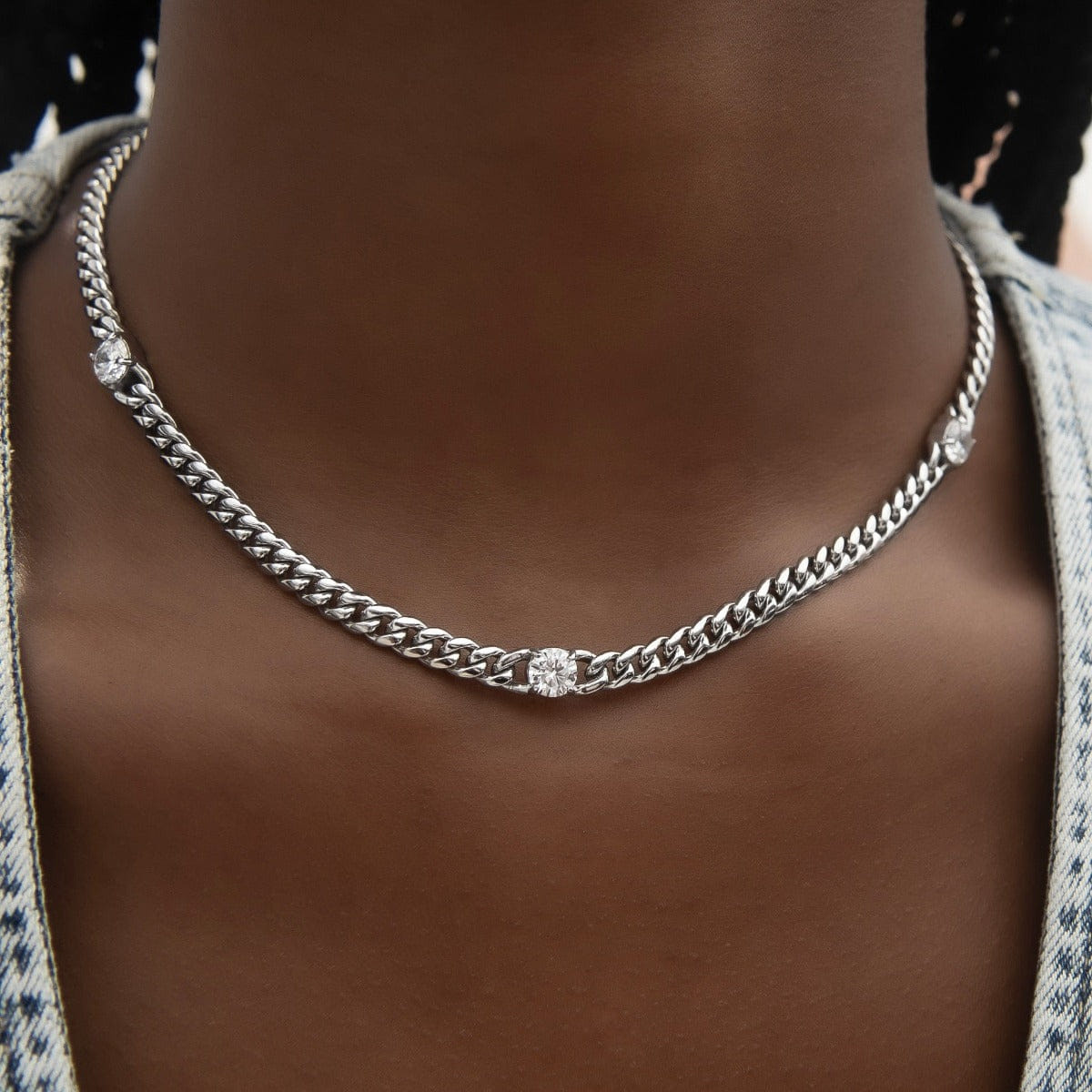 GLD Women Round Stone Station Cuban Necklace in White Gold
