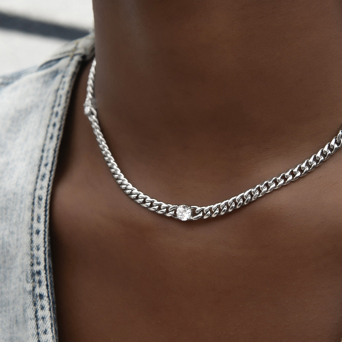 GLD Women Round Stone Station Cuban Necklace in White Gold