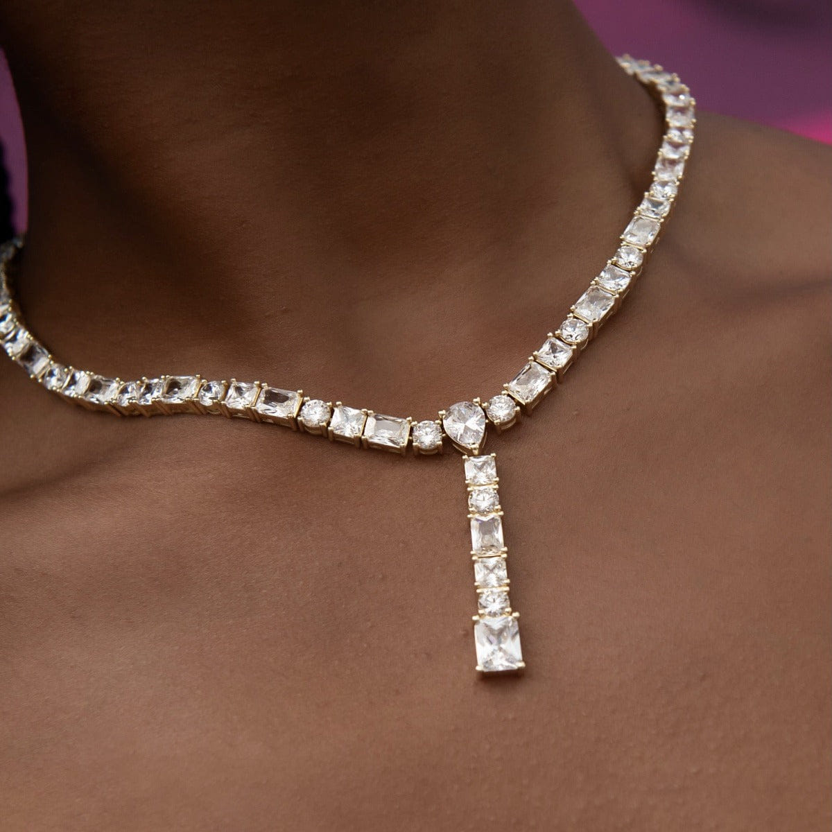 GLD Women Multi Diamond Lariat Necklace in Yellow Gold