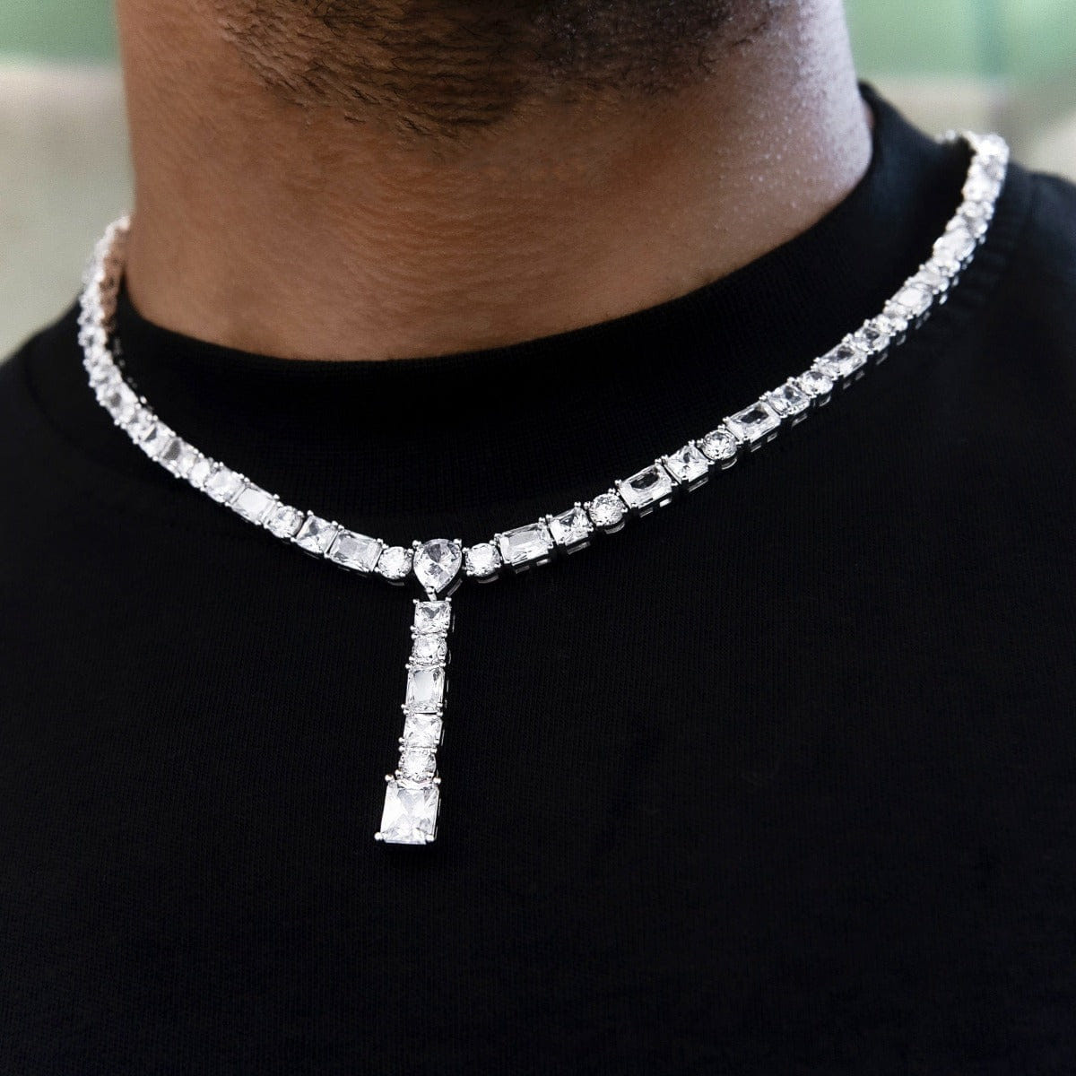 GLD Men Multi Diamond Lariat Chain in White Gold