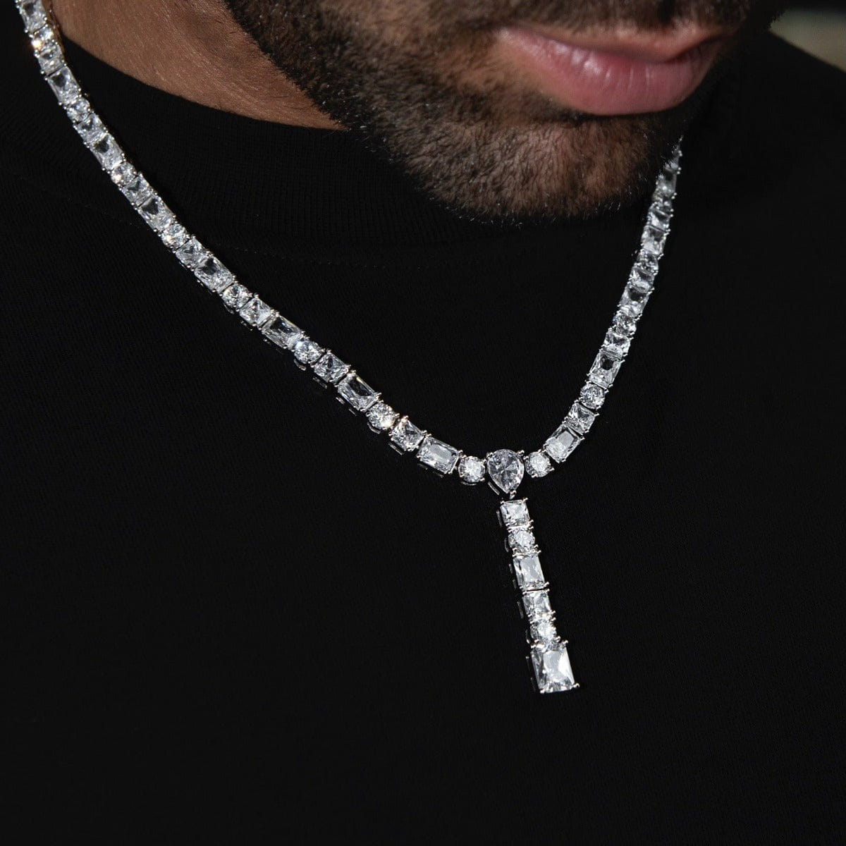 GLD Men Multi Diamond Lariat Chain in White Gold