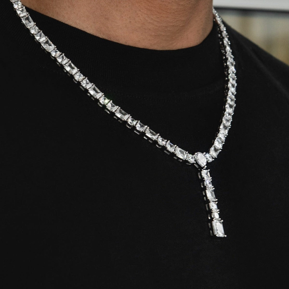 GLD Men Multi Diamond Lariat Chain in White Gold