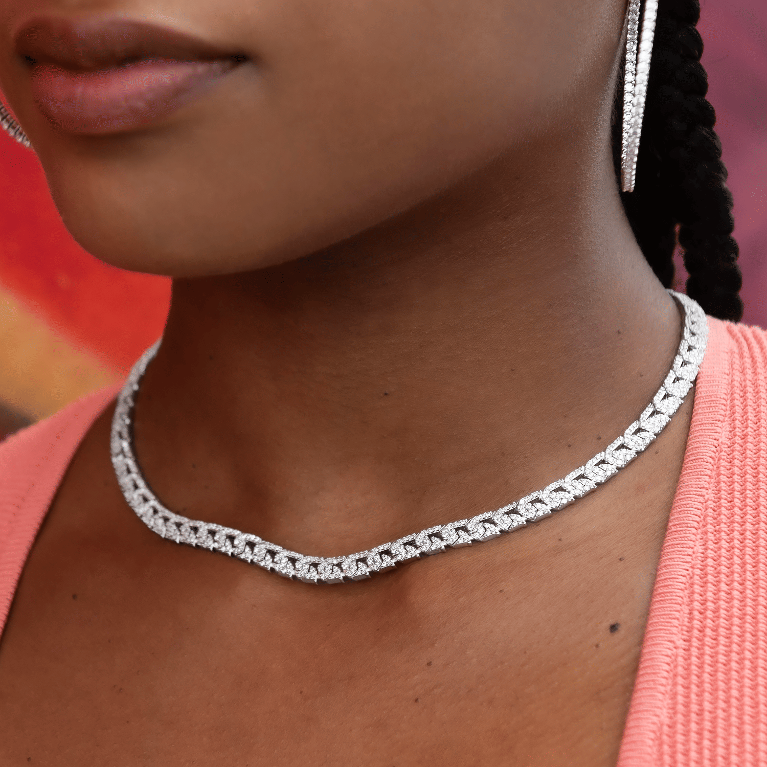 GLD Women Micro Iced G - Link Necklace in White Gold