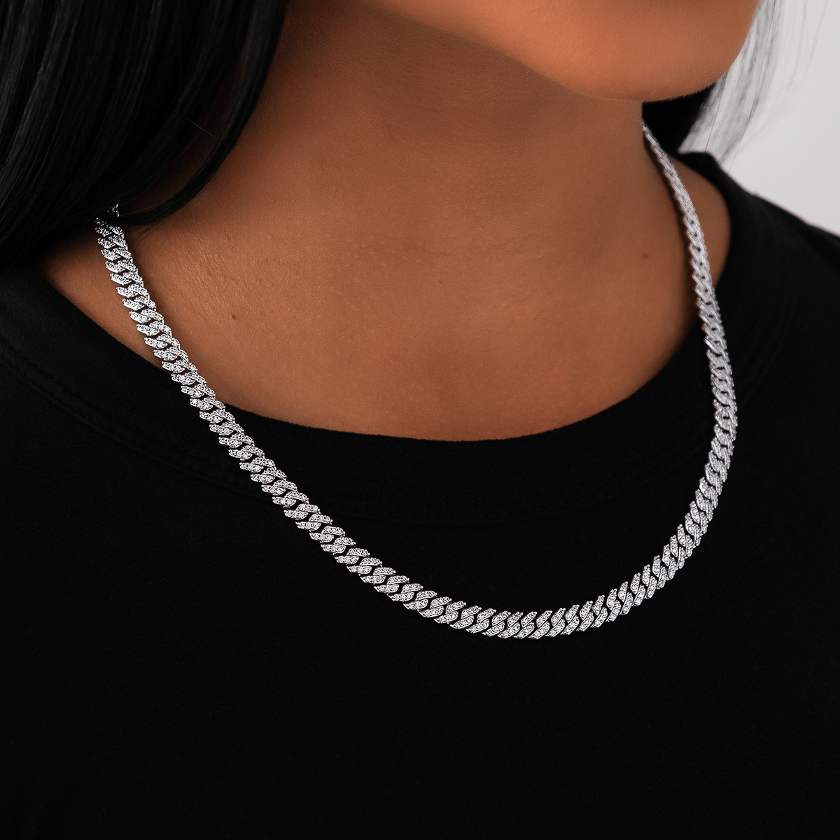 GLD Women Micro Diamond Prong Cuban Necklace in White Gold - 6 mm