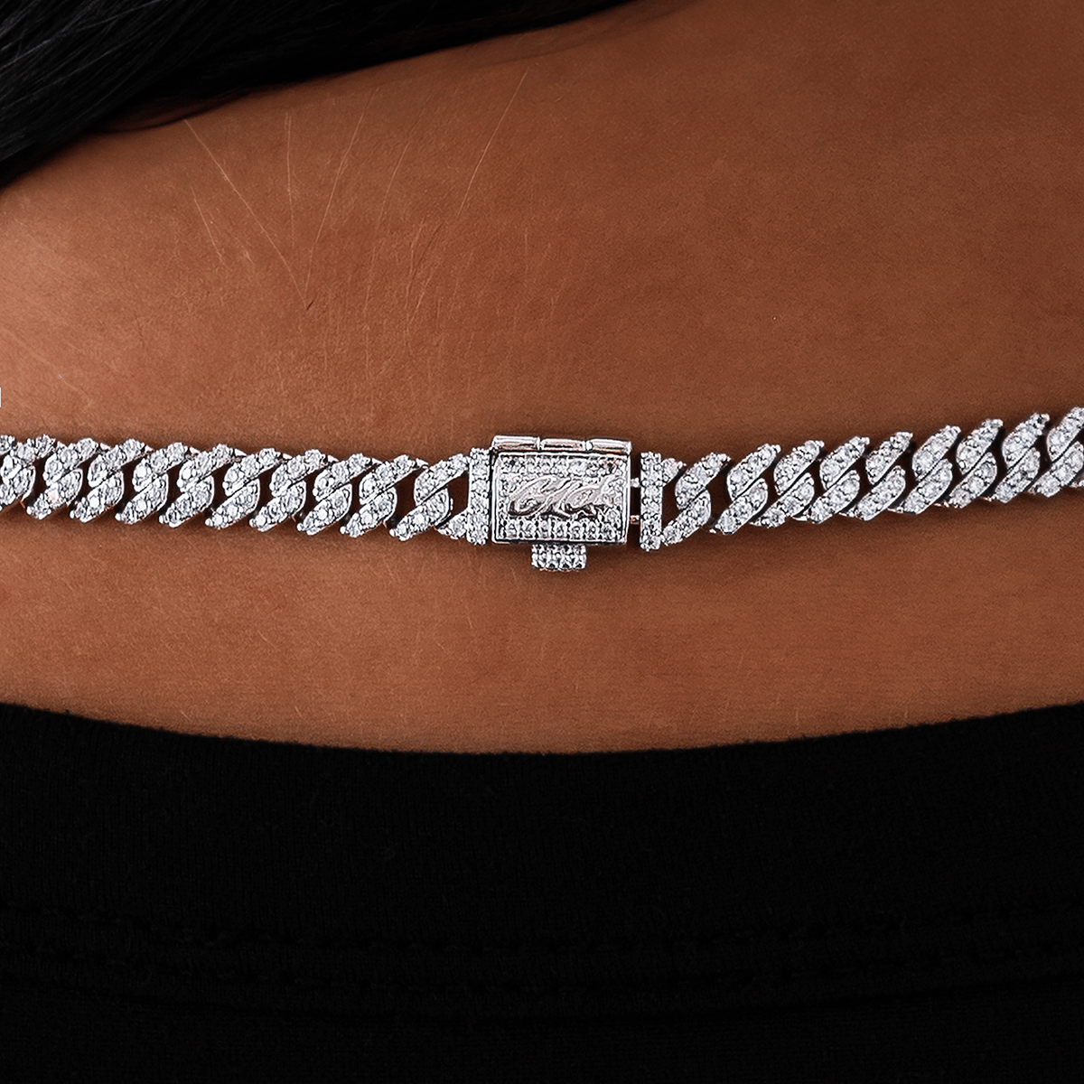 GLD Women Micro Diamond Prong Cuban Necklace in White Gold - 6 mm