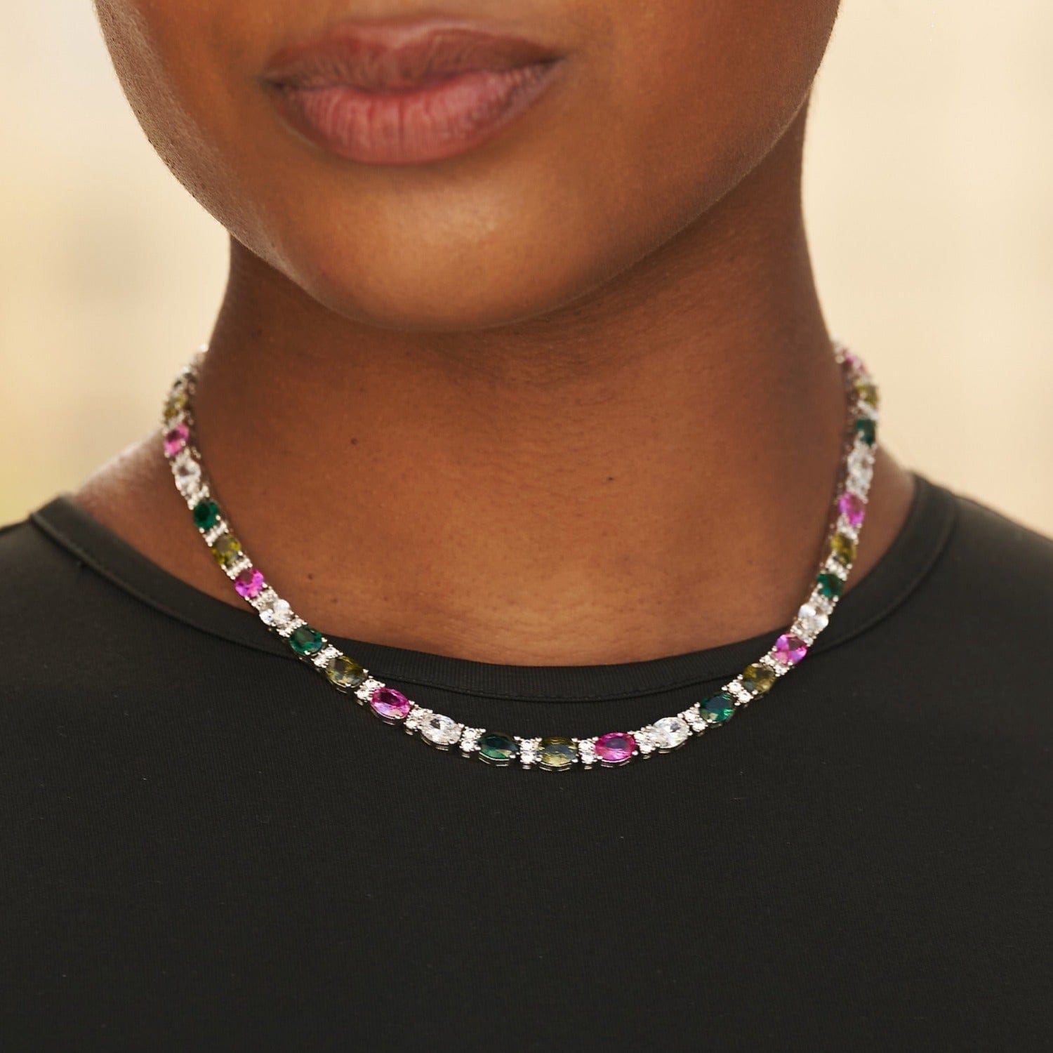 GLD Women Multicolor Mixed Oval Cut Tennis Necklace - 5 mm