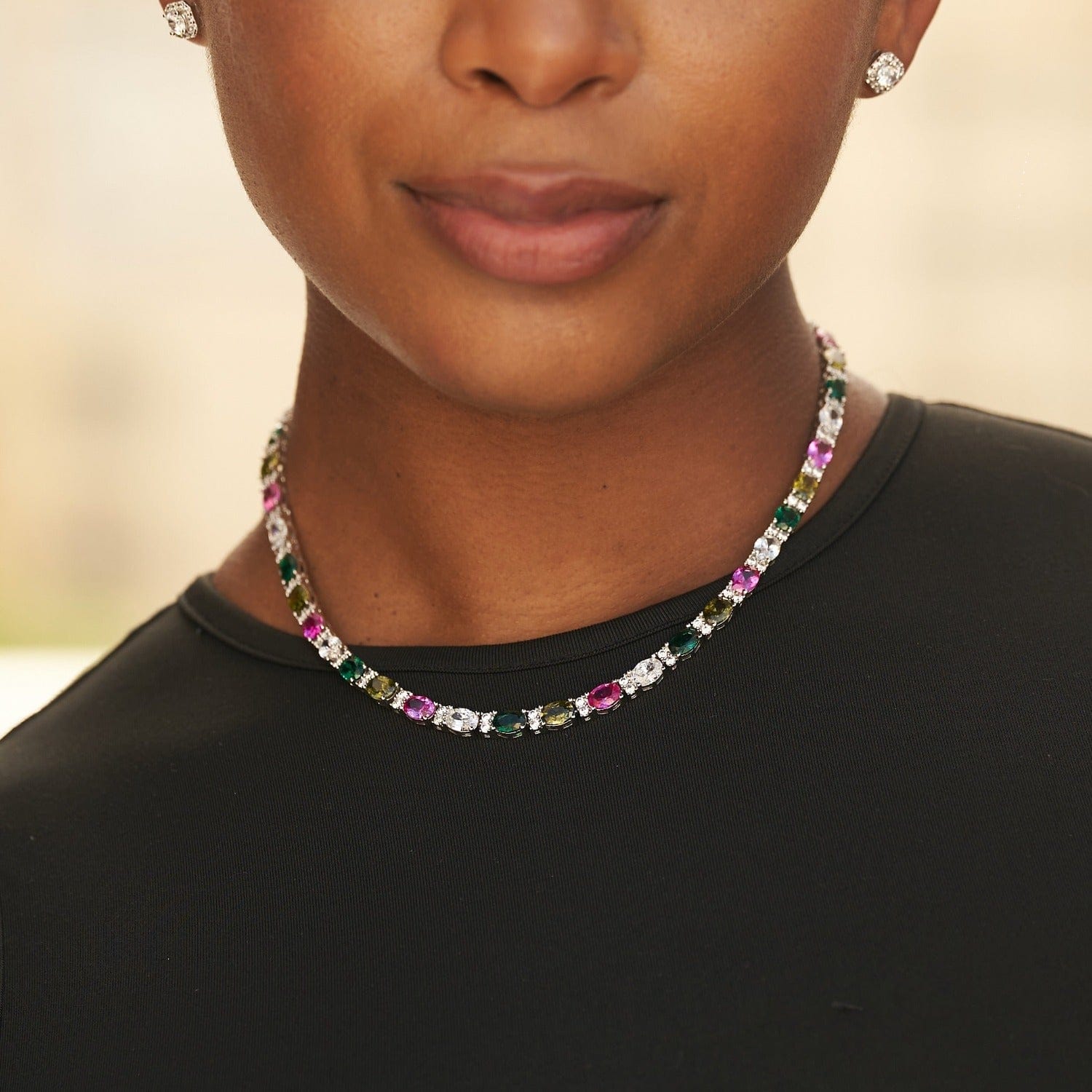 GLD Women Multicolor Mixed Oval Cut Tennis Necklace - 5 mm