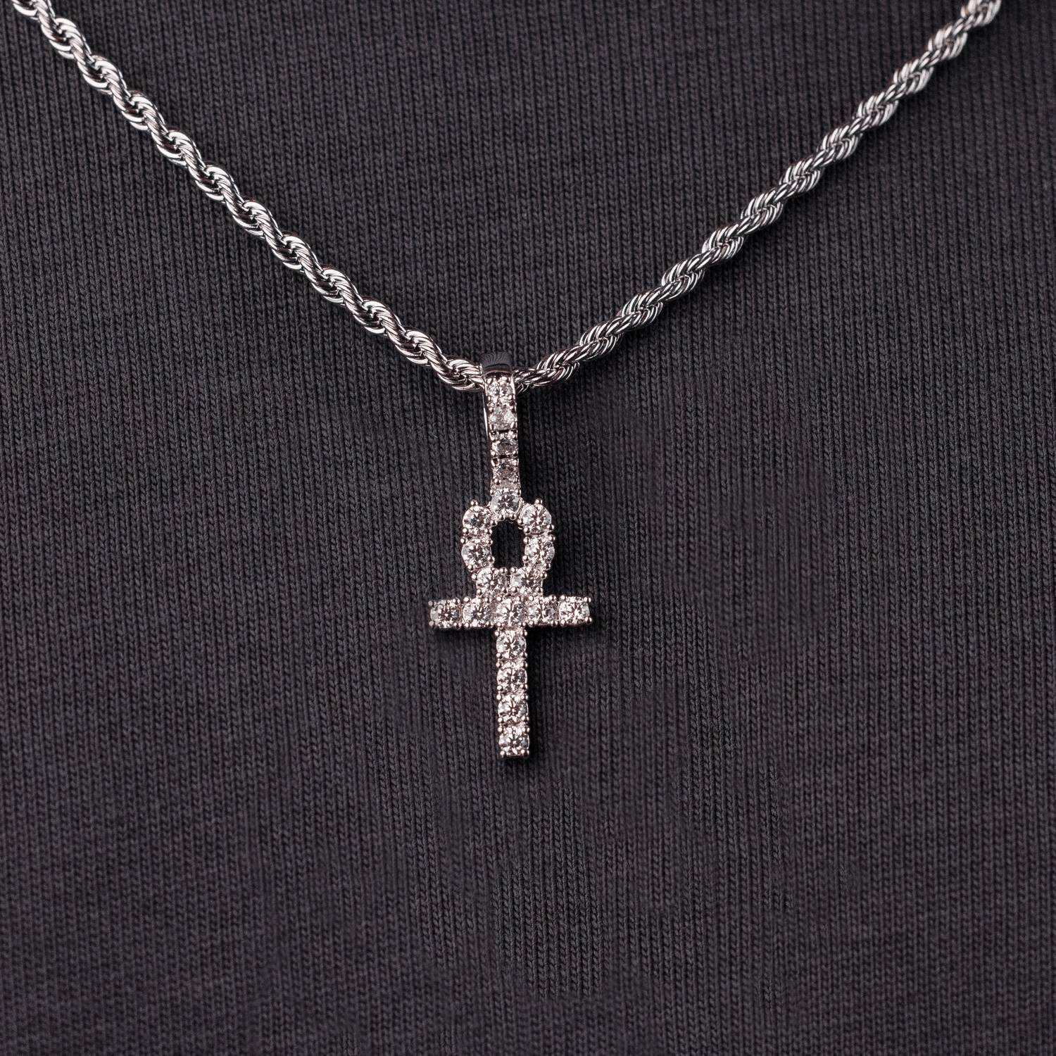 GLD Men Micro Iced Ankh Cross Pendant in White Gold