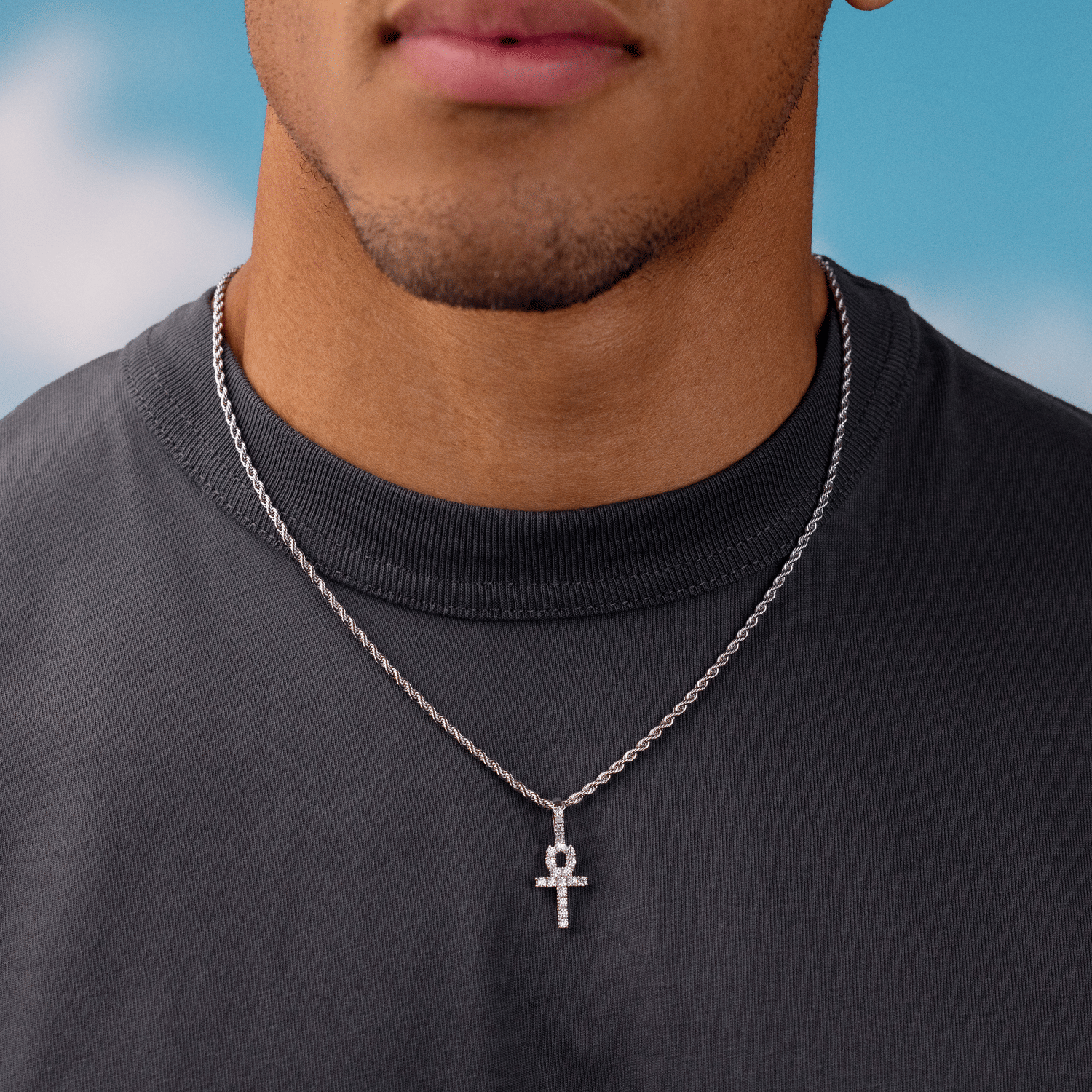 GLD Men Micro Iced Ankh Cross Pendant in White Gold