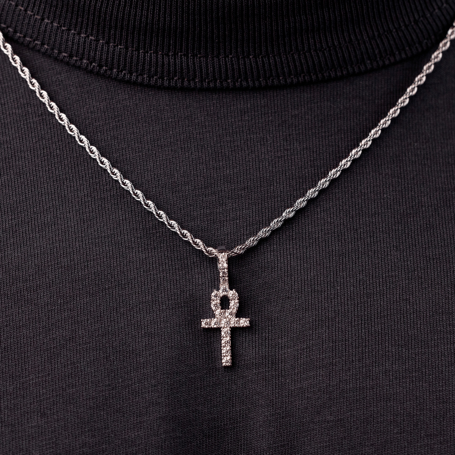 GLD Men Micro Iced Ankh Cross Pendant in White Gold