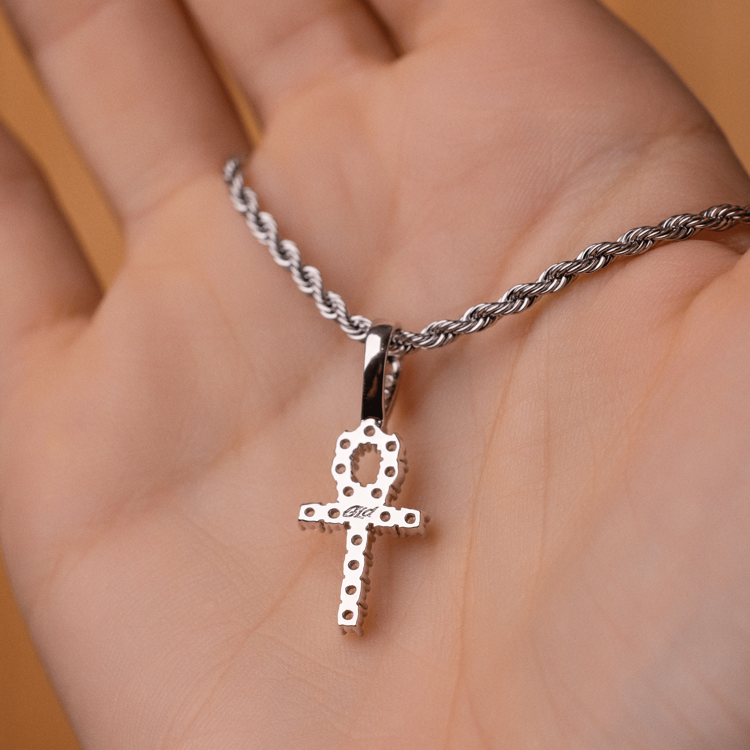GLD Men Micro Iced Ankh Cross Pendant in White Gold
