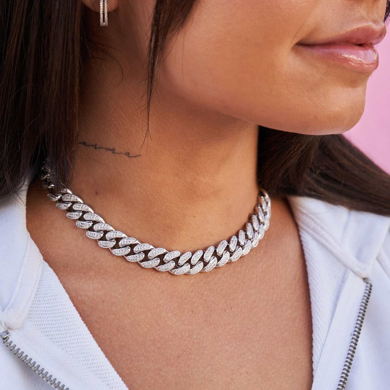 GLD Women Diamond Cuban Link Choker in White Gold - 12 mm