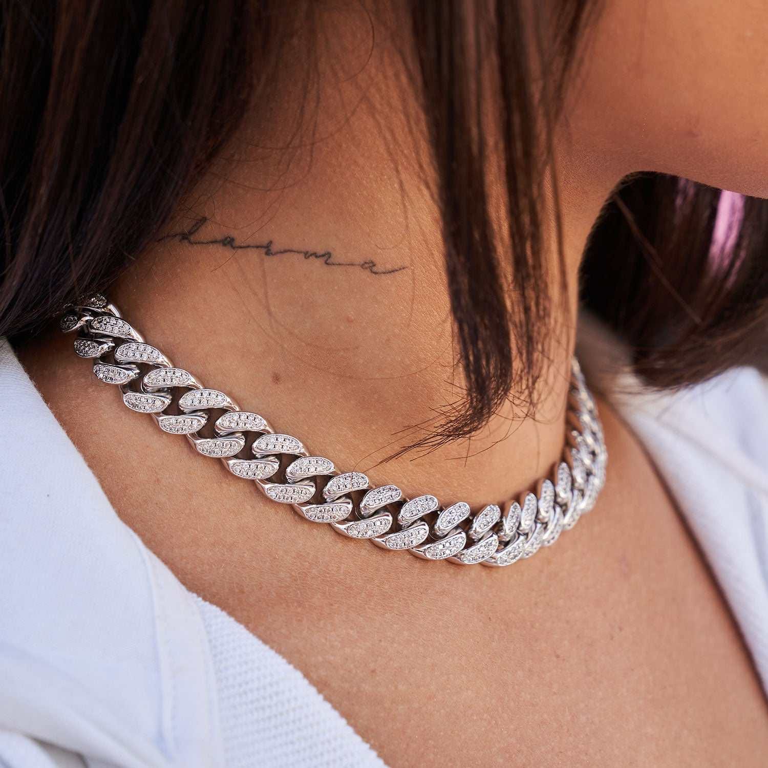 GLD Women Diamond Cuban Link Choker in White Gold - 12 mm