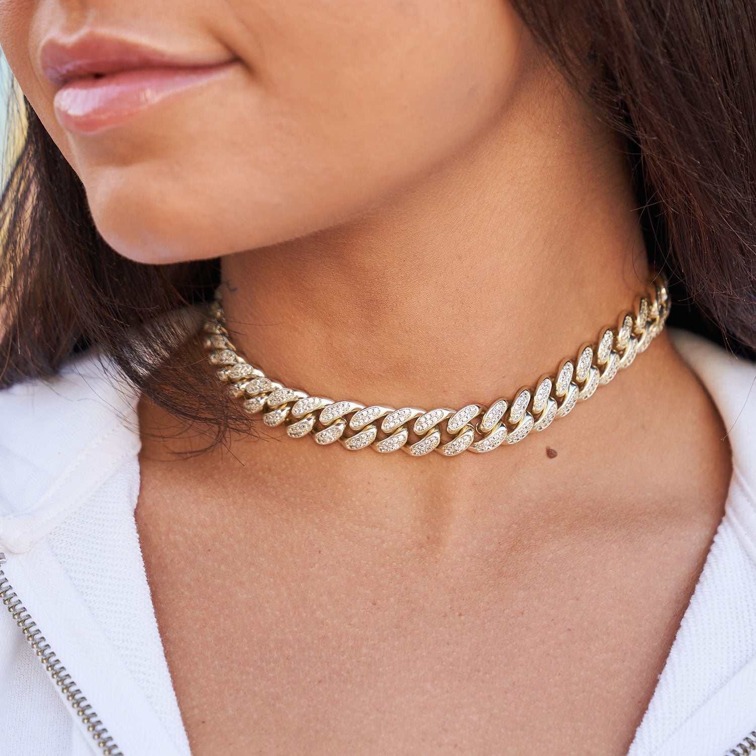 GLD Women Diamond Cuban Link Choker in Yellow Gold - 12 mm