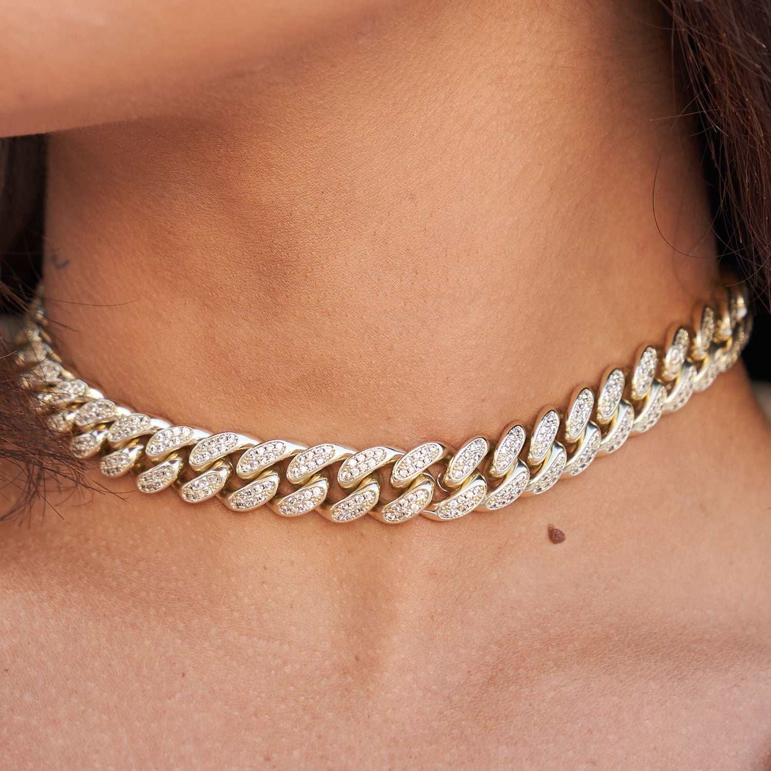 GLD Women Diamond Cuban Link Choker in Yellow Gold - 12 mm