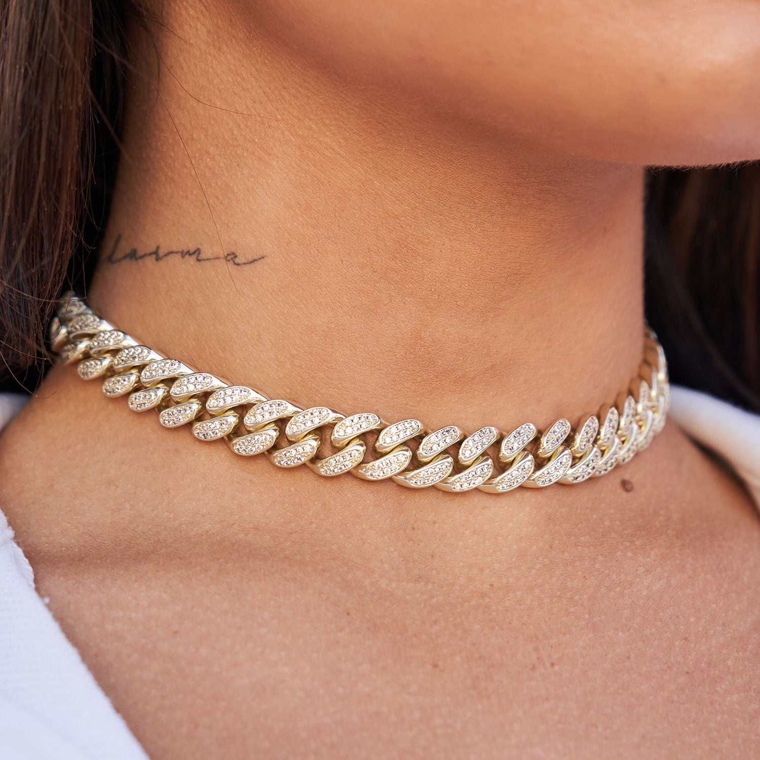 GLD Women Diamond Cuban Link Choker in Yellow Gold - 12 mm