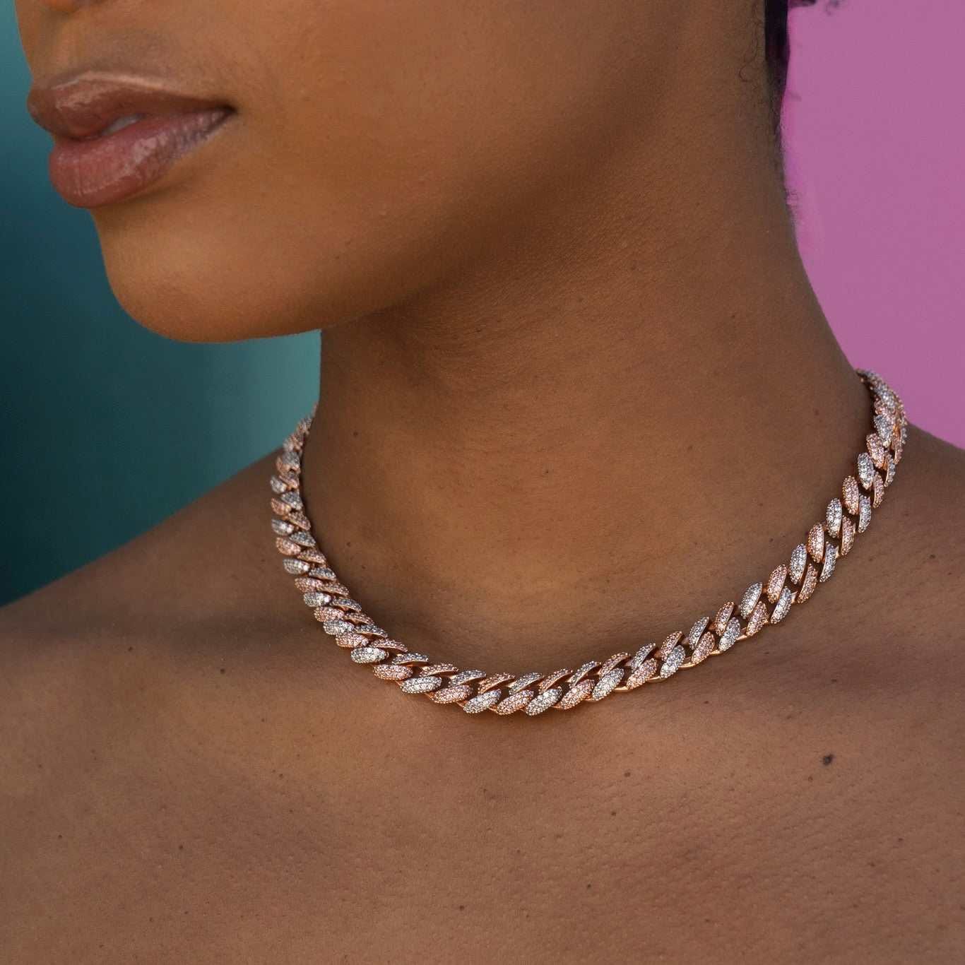 GLD Women Diamond Cuban Necklace in Rose/White Gold - 8.5 mm