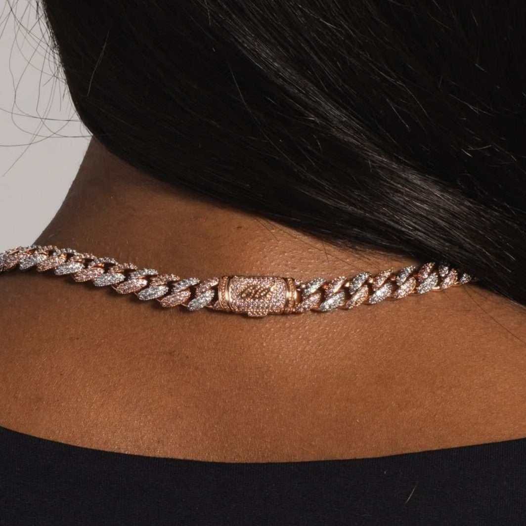 GLD Women Diamond Cuban Necklace in Rose/White Gold - 8.5 mm