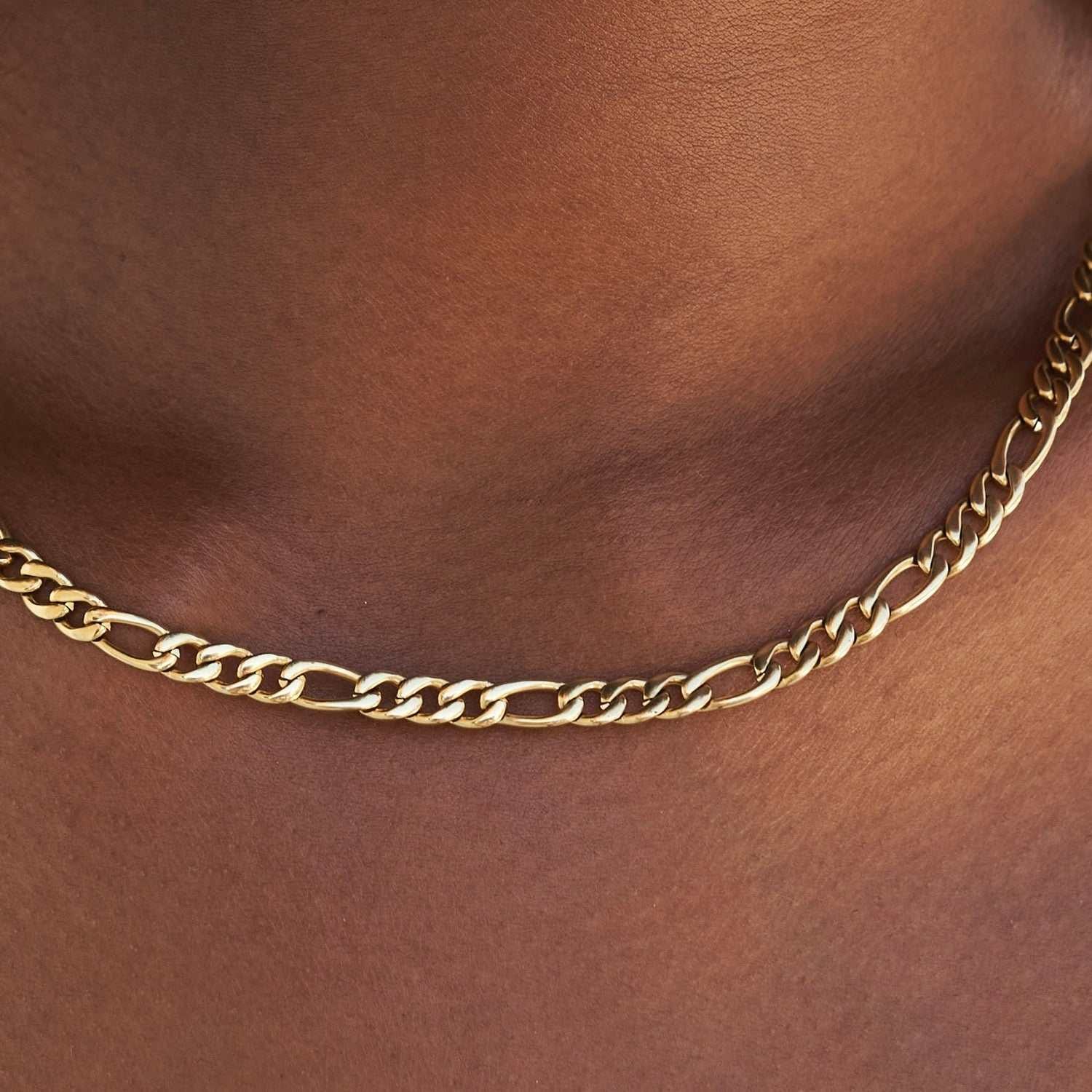 GLD Women Figaro Link Necklace in Yellow Gold - 4 mm