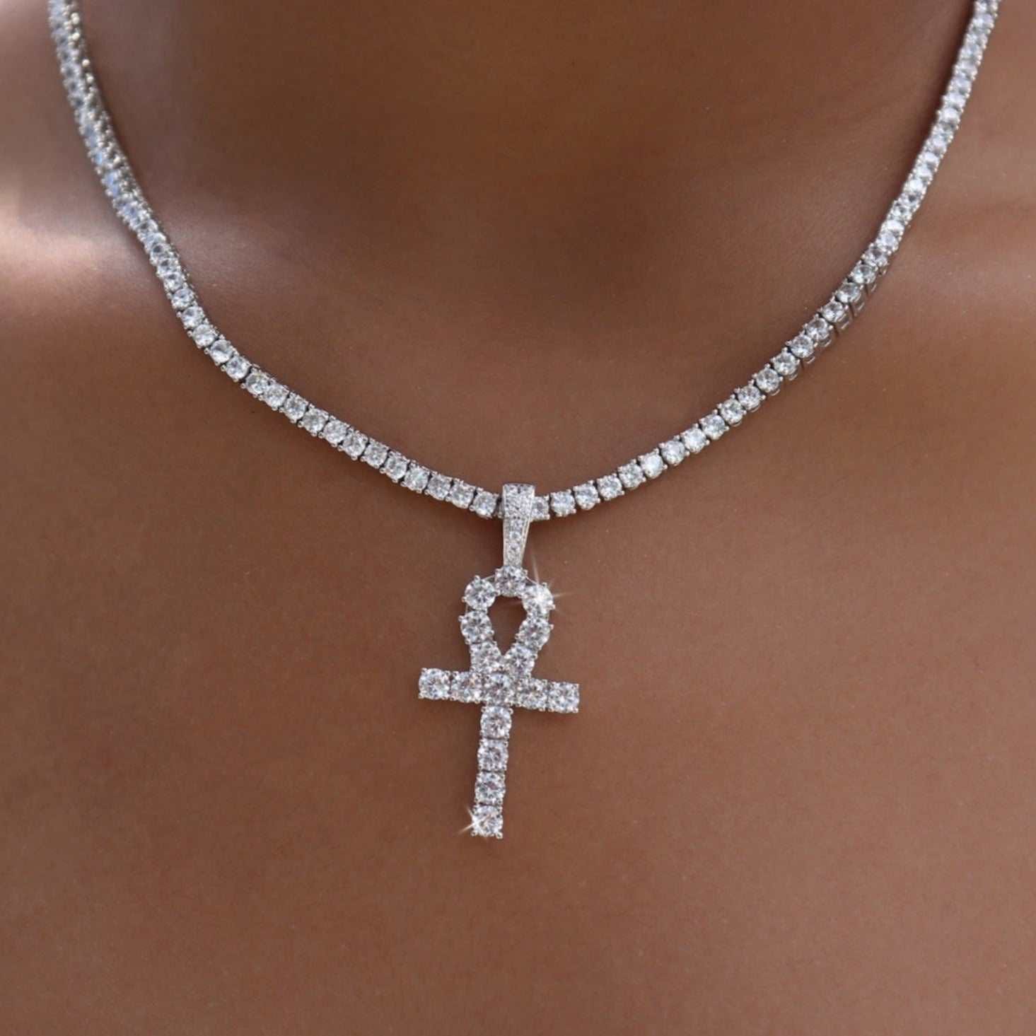 GLD Women Iced Ankh Cross Pendant in White Gold