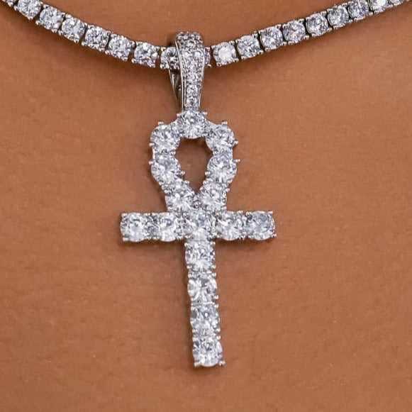 GLD Women Iced Ankh Cross Pendant in White Gold