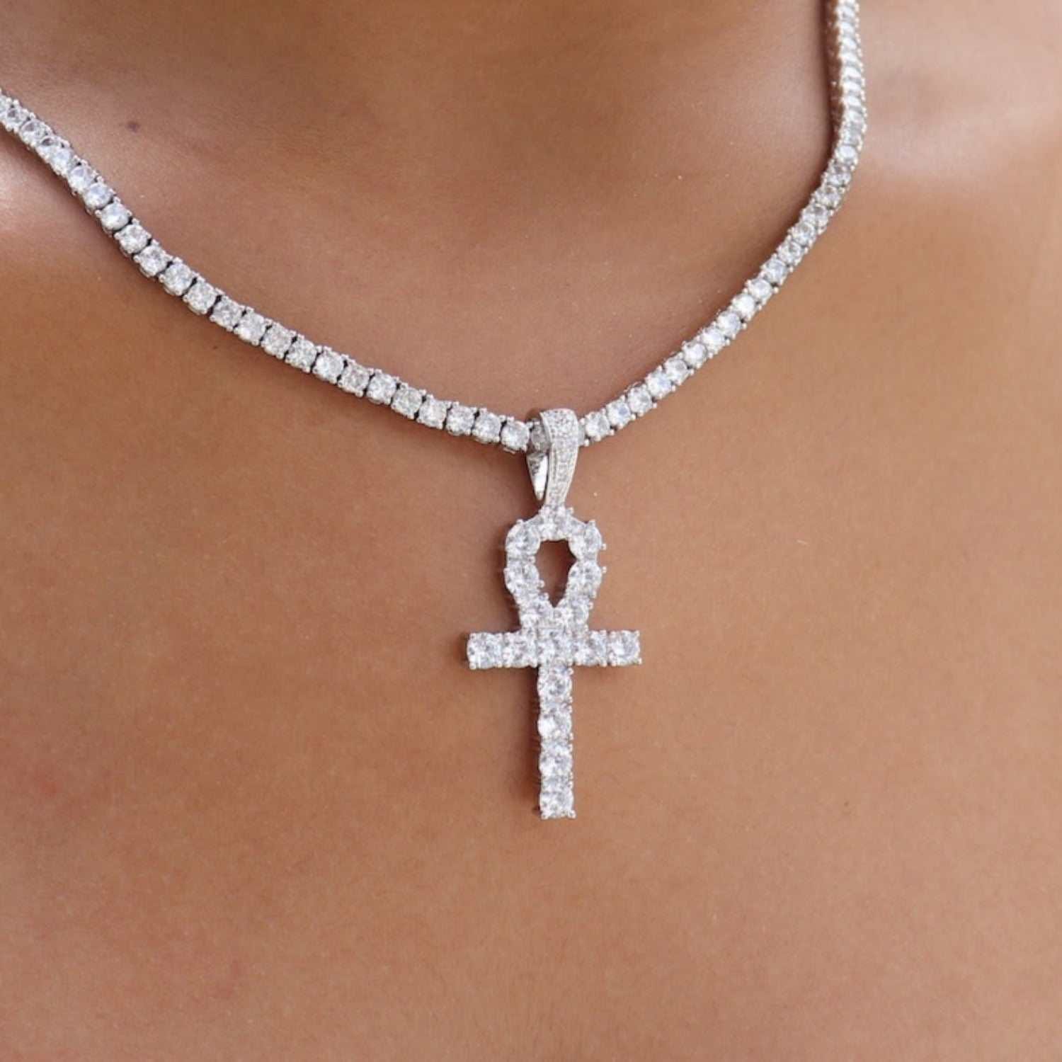 GLD Women Iced Ankh Cross Pendant in White Gold