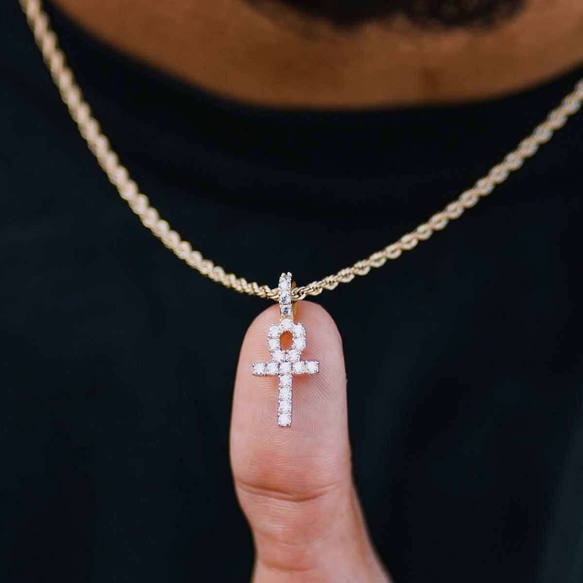GLD Men Micro Iced Ankh Cross Pendant in Yellow Gold