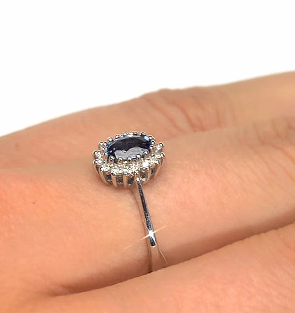 Diamond Sapphire 6 x 4 mm And Diamond 18K White Gold Ring FET20 - UY