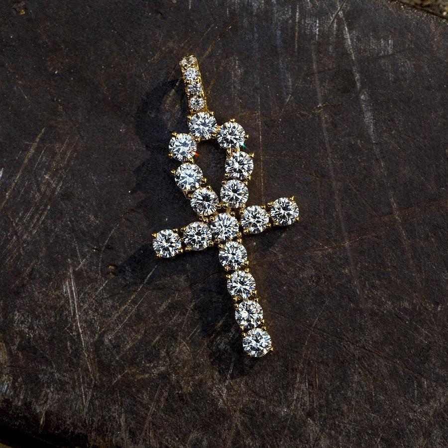GLD Men Iced Ankh Cross Pendant in Yellow Gold