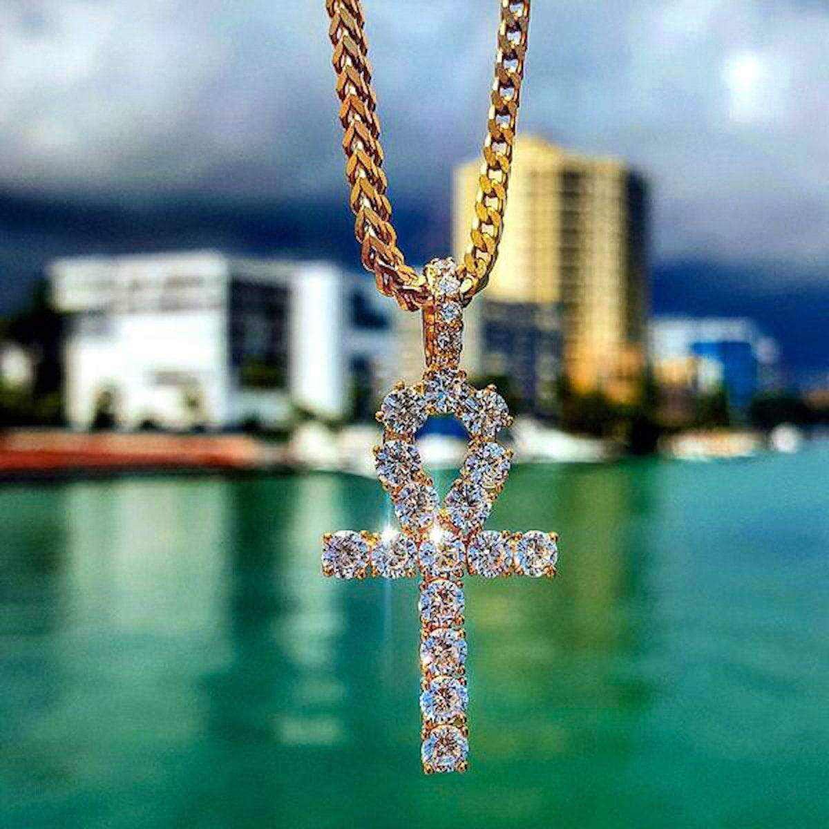 GLD Men Iced Ankh Cross Pendant in Yellow Gold