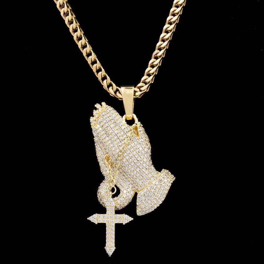 GLD Men Iced Praying Hands with Cross Pendant in Yellow Gold
