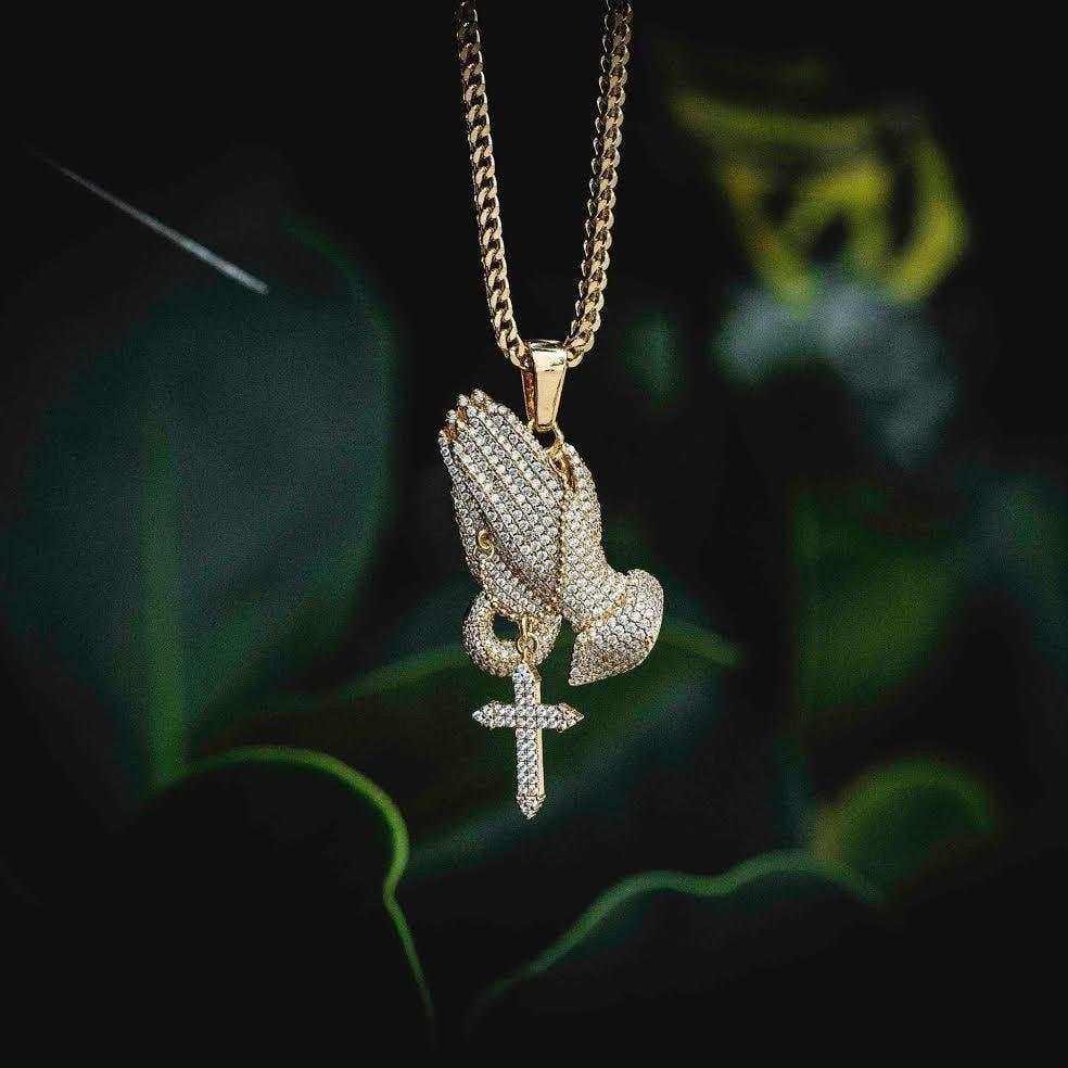 GLD Men Iced Praying Hands with Cross Pendant in Yellow Gold