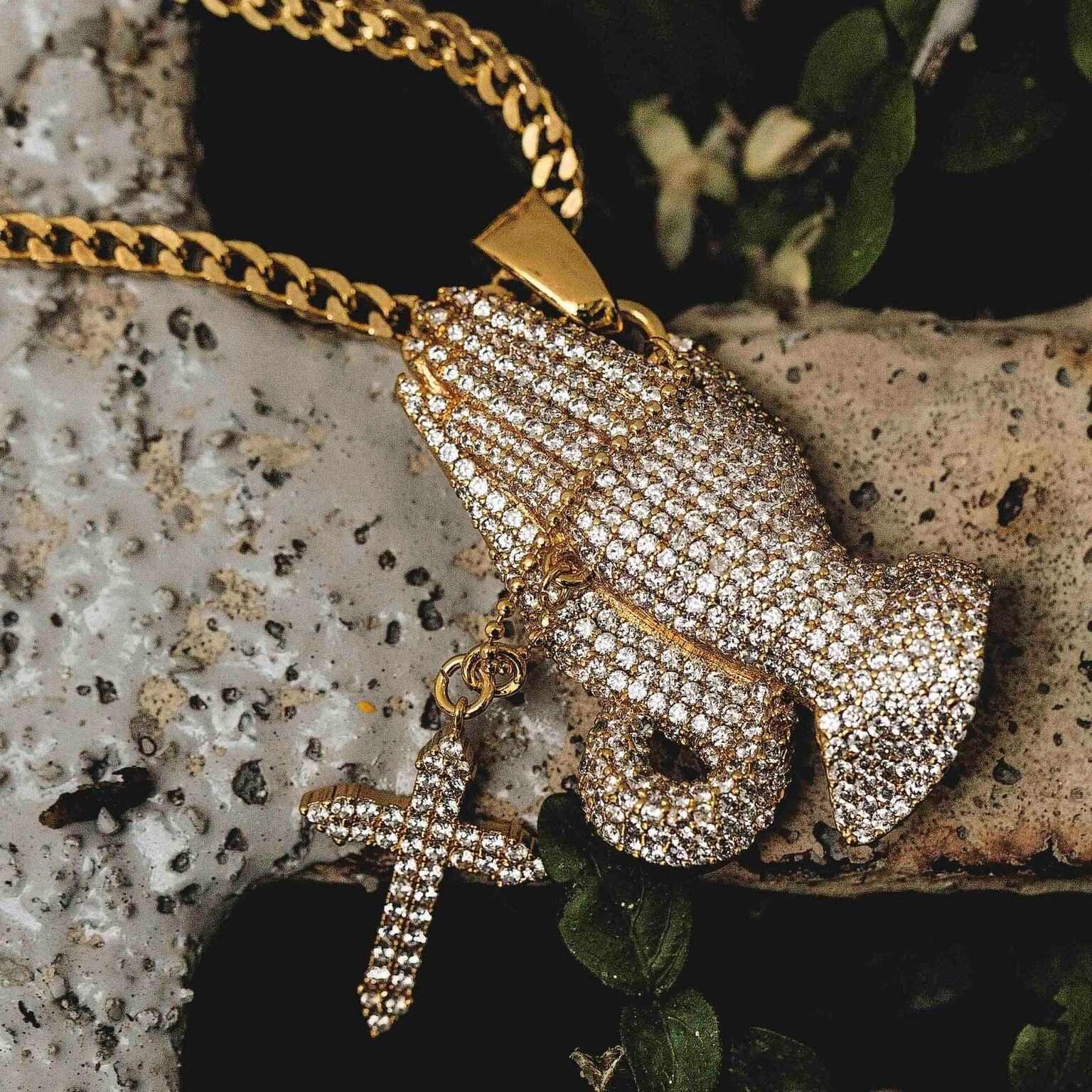 GLD Men Iced Praying Hands with Cross Pendant in Yellow Gold