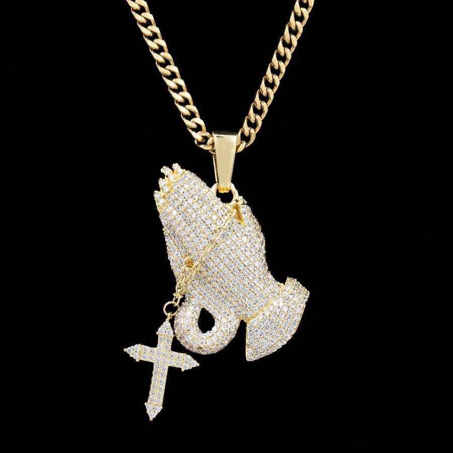 GLD Men Iced Praying Hands with Cross Pendant in Yellow Gold