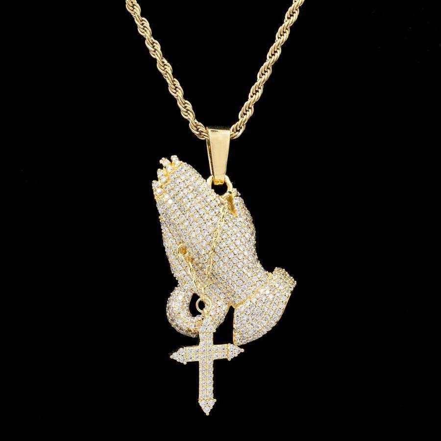 GLD Men Iced Praying Hands with Cross Pendant in Yellow Gold