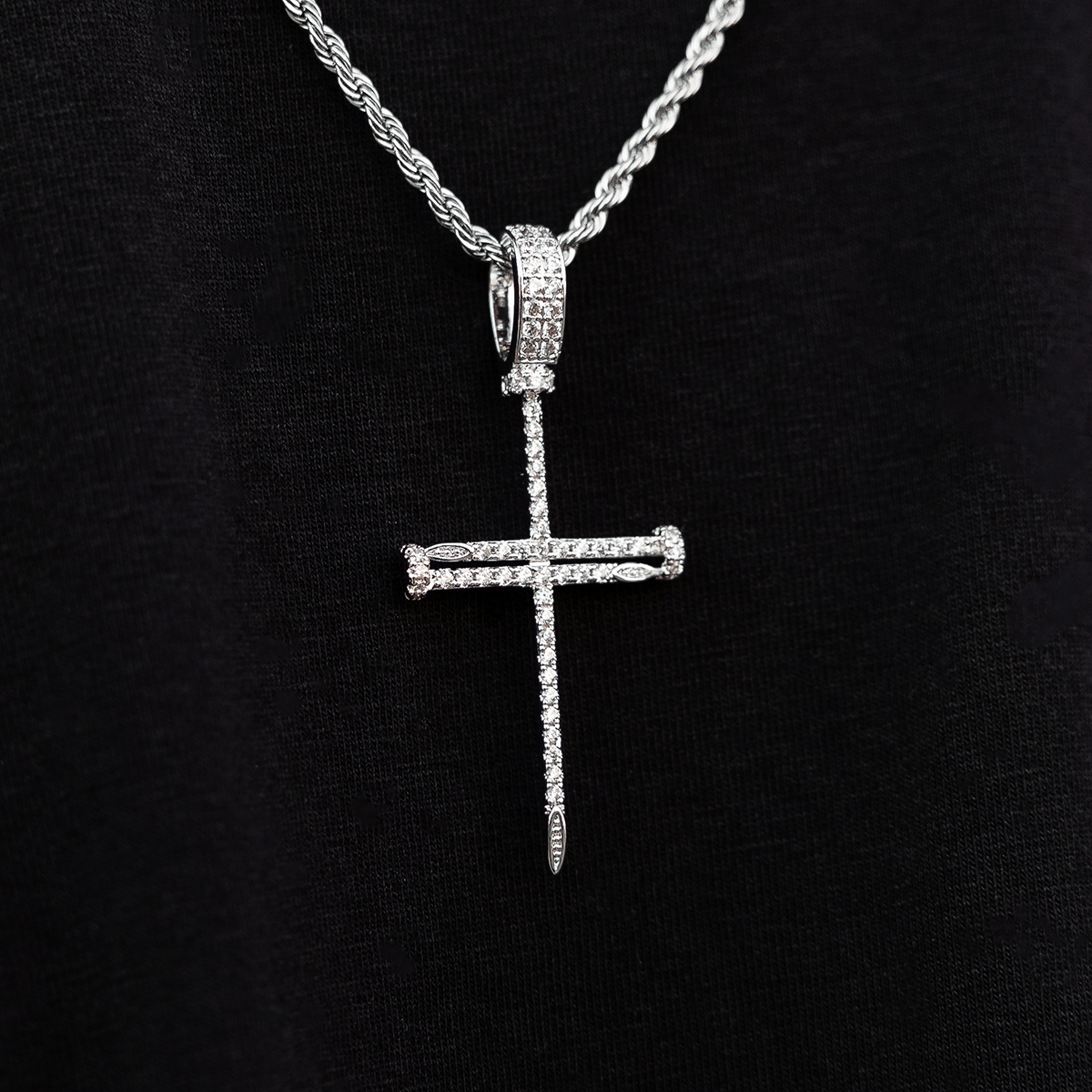 GLD Men Iced Nail Cross Pendant in White Gold