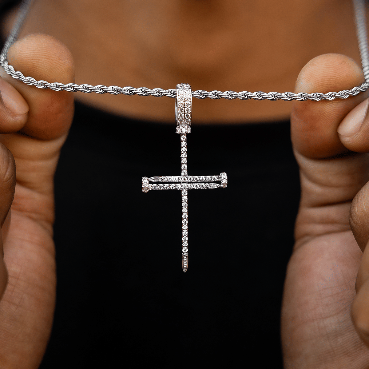 GLD Men Iced Nail Cross Pendant in White Gold