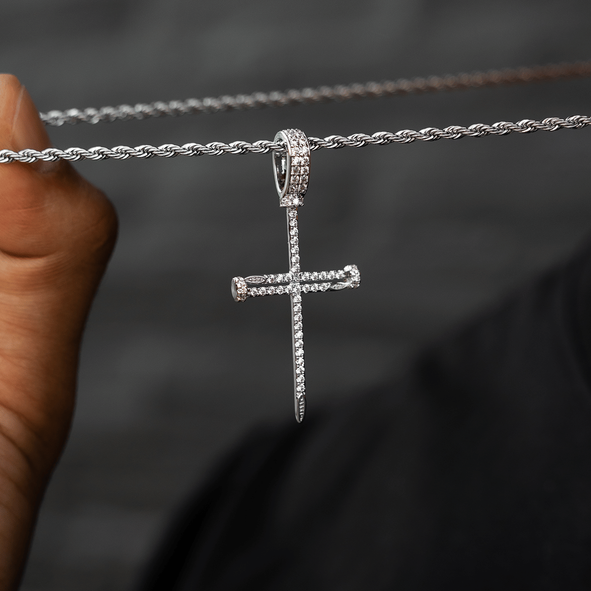 GLD Men Iced Nail Cross Pendant in White Gold