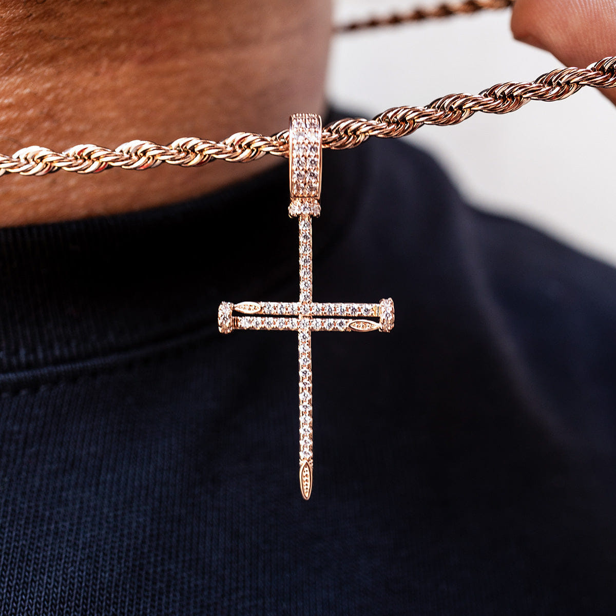 GLD Men Iced Nail Cross Pendant in Rose Gold