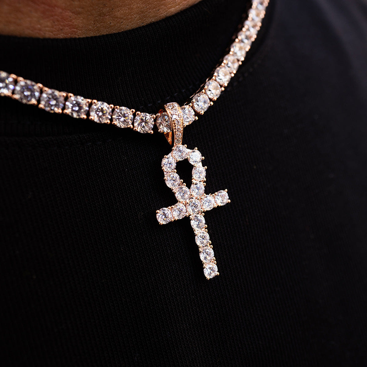 GLD Men Iced Ankh Cross Pendant in Rose Gold