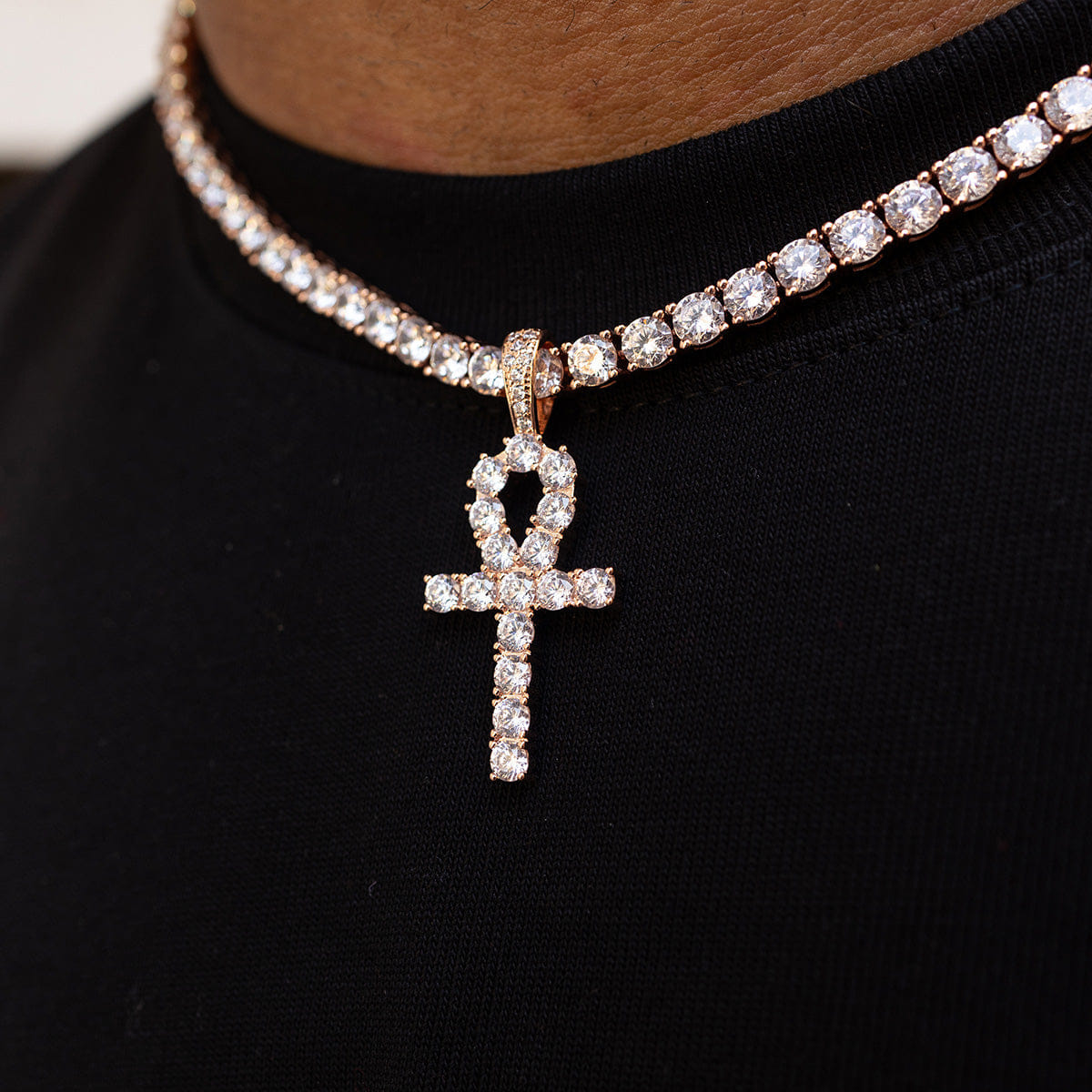 GLD Men Iced Ankh Cross Pendant in Rose Gold