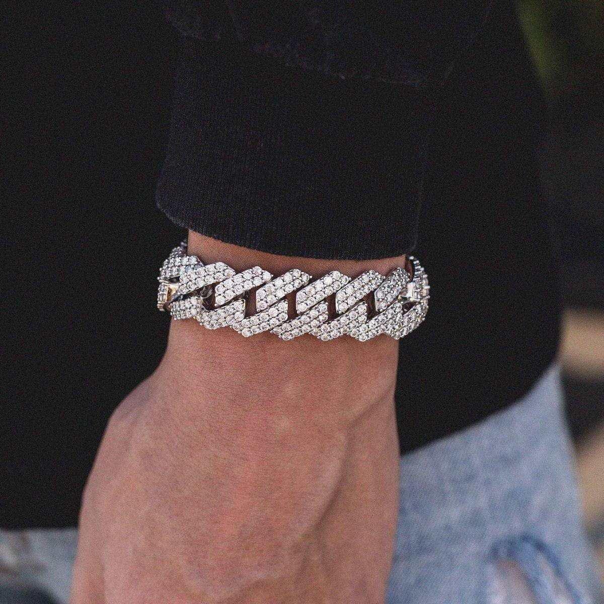 GLD Men Diamond Prong Link Bracelet in White Gold - 19 mm