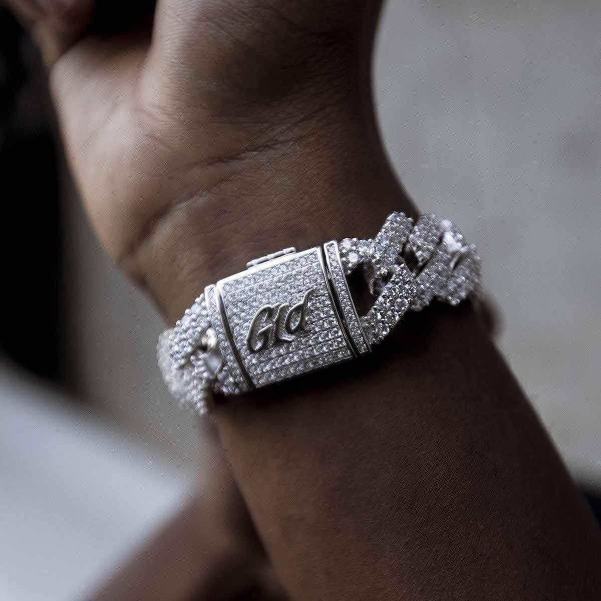 GLD Men Diamond Prong Link Bracelet in White Gold - 19 mm