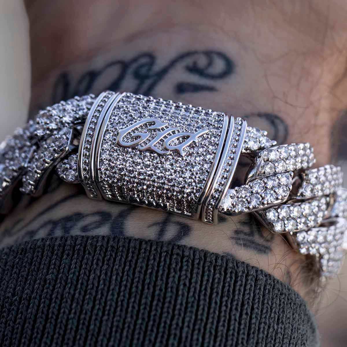 GLD Men Diamond Prong Link Bracelet in White Gold - 19 mm