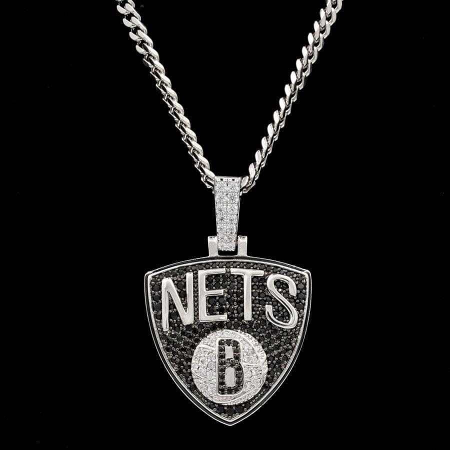 GLD Men Brooklyn Nets Official NBA Logo Pendant in White Gold