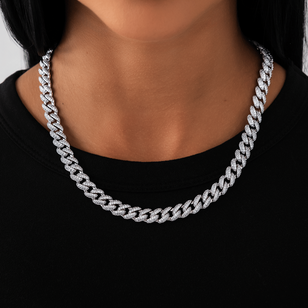 GLD Women Diamond Cuban Necklace in White Gold - 8.5 mm